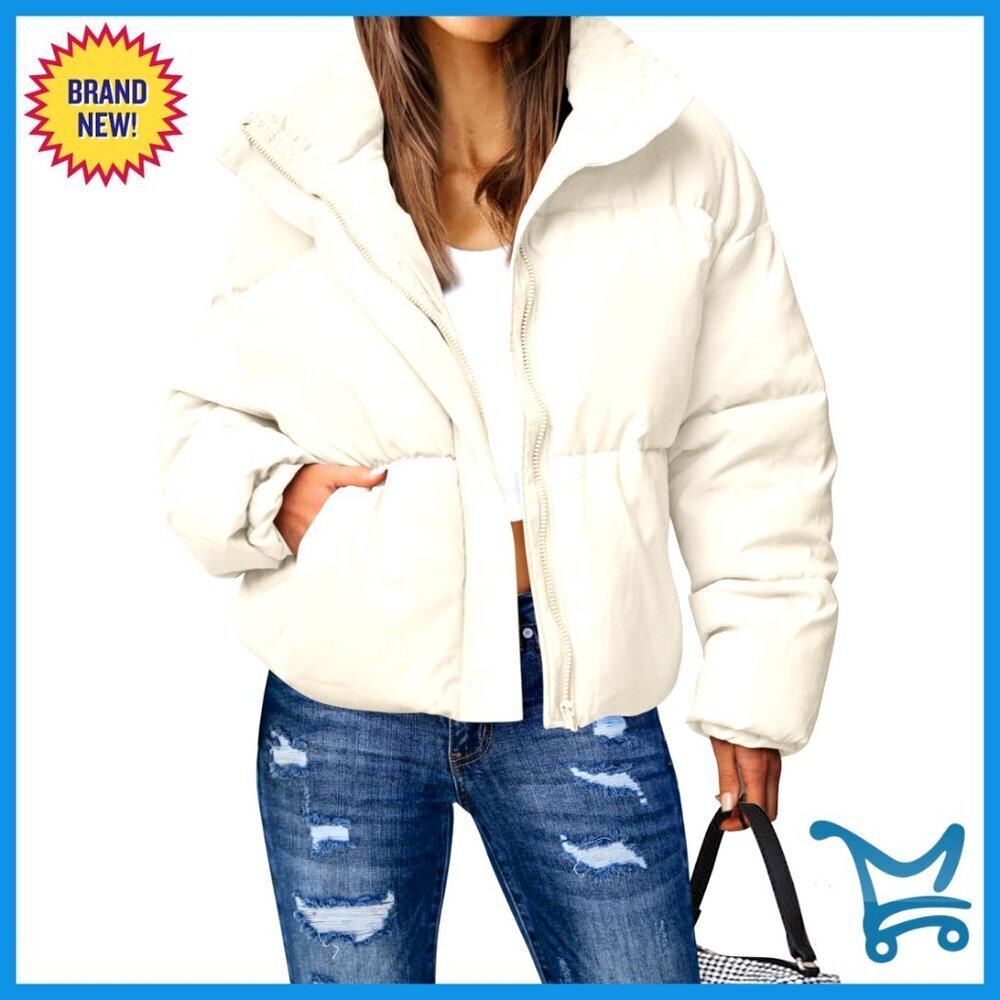 Oversized Puffer Jacket Cropped Loose Fit Stand Collar Winter Casual Chic
